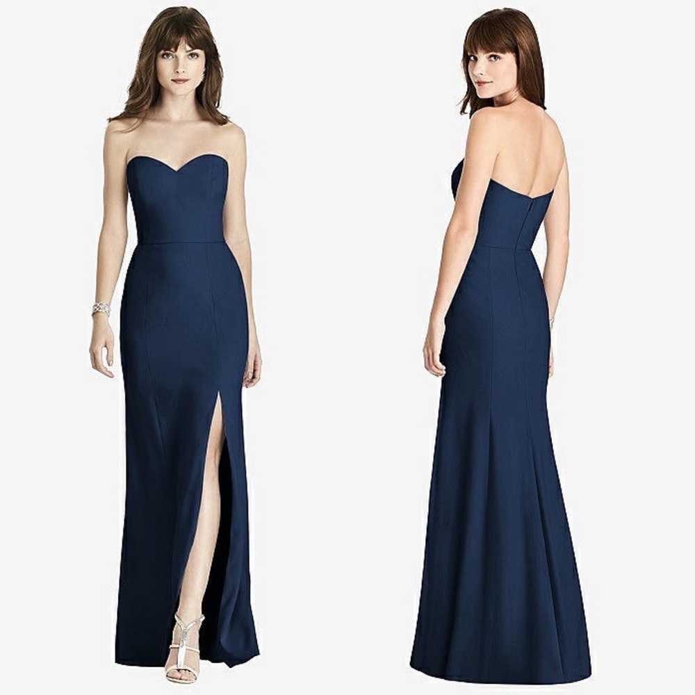 AFTER SIX STRAPLESS CREPE TRUMPET GOWN WITH FRONT SLIT IN MIDNIGHT NAVY 6775 10